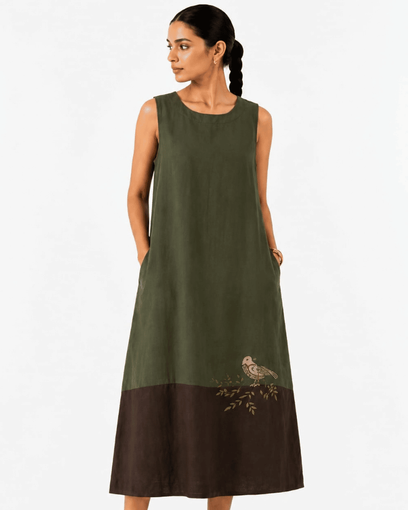 Front view of olive green Mora midi dress with brown hem and floral motif