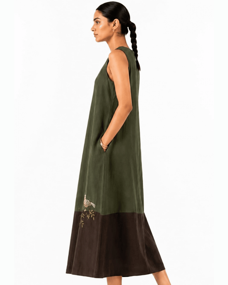 Side view of olive green and brown Mora cotton midi dress