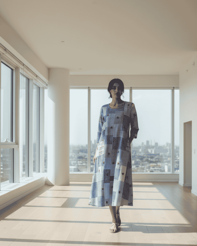Nilaya blue patchwork dress with mixed textile panels and floral embroidery