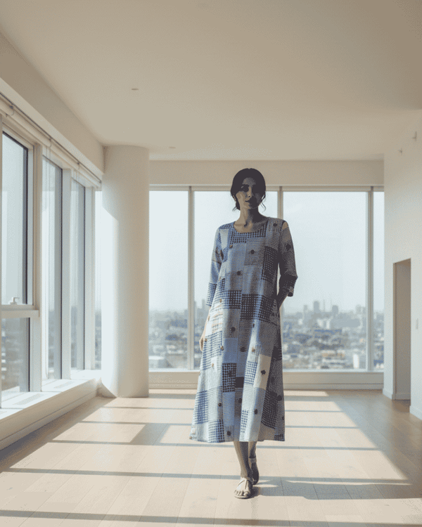 Nilaya blue patchwork dress with mixed textile panels and floral embroidery