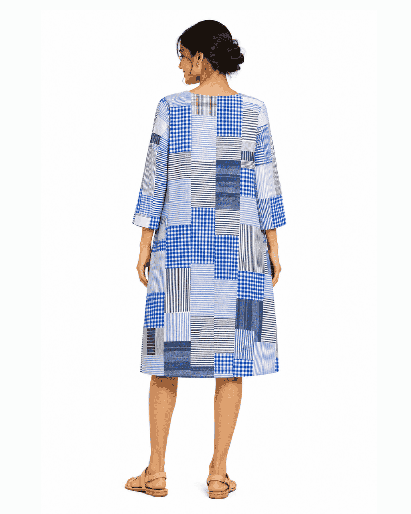 back view of Nilaya blue patchwork dress made from upcycled textiles