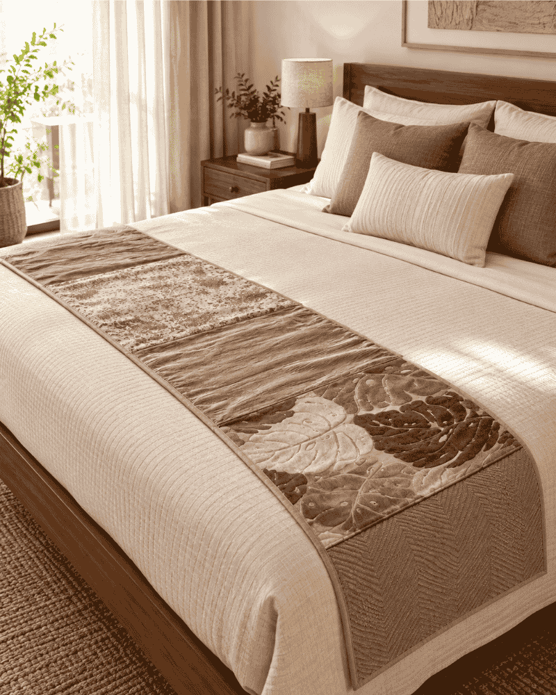 Patch Fusion upcycled textile bed runner 18 x 108 inches on a bed