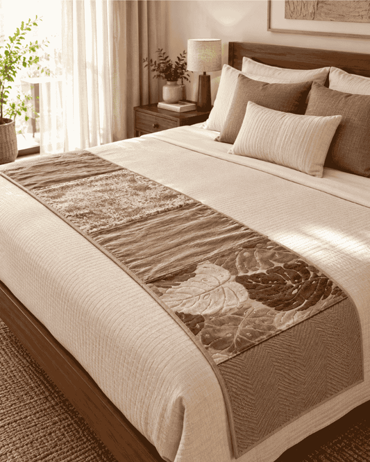Patch Fusion upcycled textile bed runner 18 x 108 inches on a bed