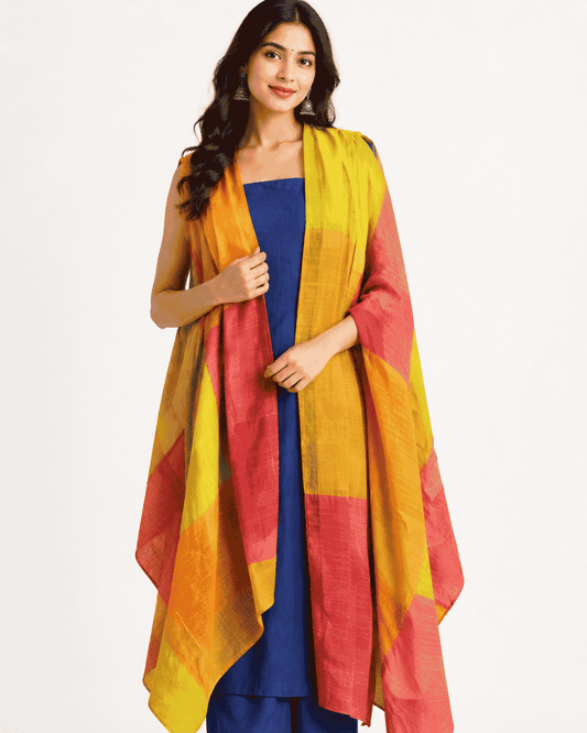 Woman wearing a multicolor patchwork shrug over a blue outfit
