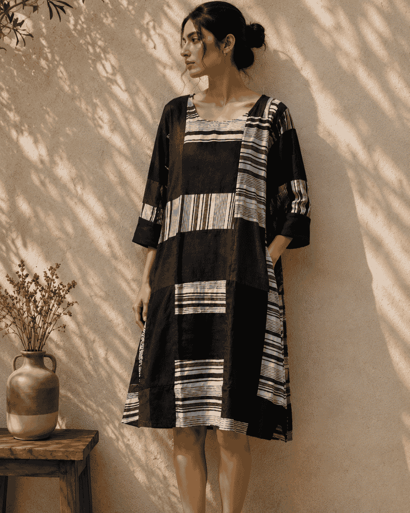 Riva black and white patchwork dress with striped textile panels and three quarter sleeves