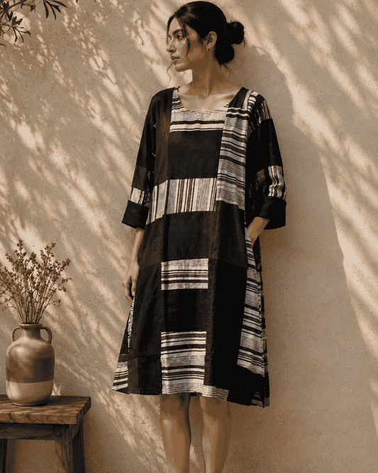 Riva black and white patchwork dress with striped textile panels and three quarter sleeves