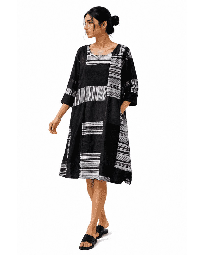Front view of Riva black and white patchwork dress made from upcycled textiles