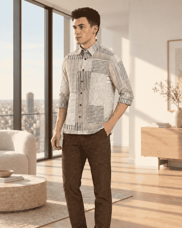 Men's striped patchwork upcycled shirt front view