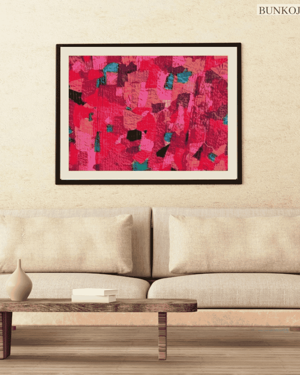 Sustainable Elegance upcycled textile wall art displayed in a modern living room