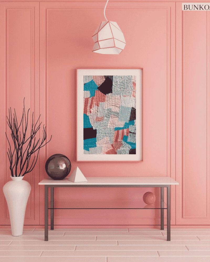 Textile Collage upcycled wall art displayed in a colourful modern interior