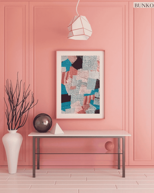 Textile Collage upcycled wall art displayed in a colourful modern interior