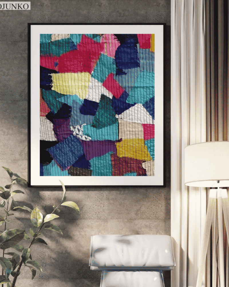 Textile Collage upcycled wall frame displayed in home decor