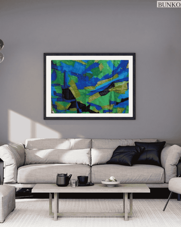 Threaded Vibes upcycled textile wall art displayed in a modern living room