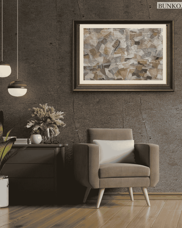 Timeless upcycled textile wall art displayed in a modern interior