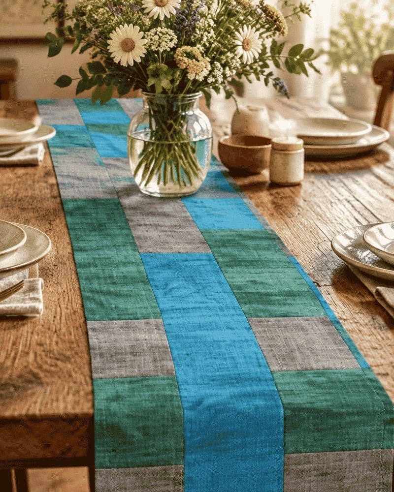 Blue, green and grey patchwork table runner on a wooden dining table with flowers, Bunko Junko.