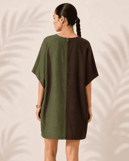 Back view of Vanya olive brown tunic dress with relaxed silhouette