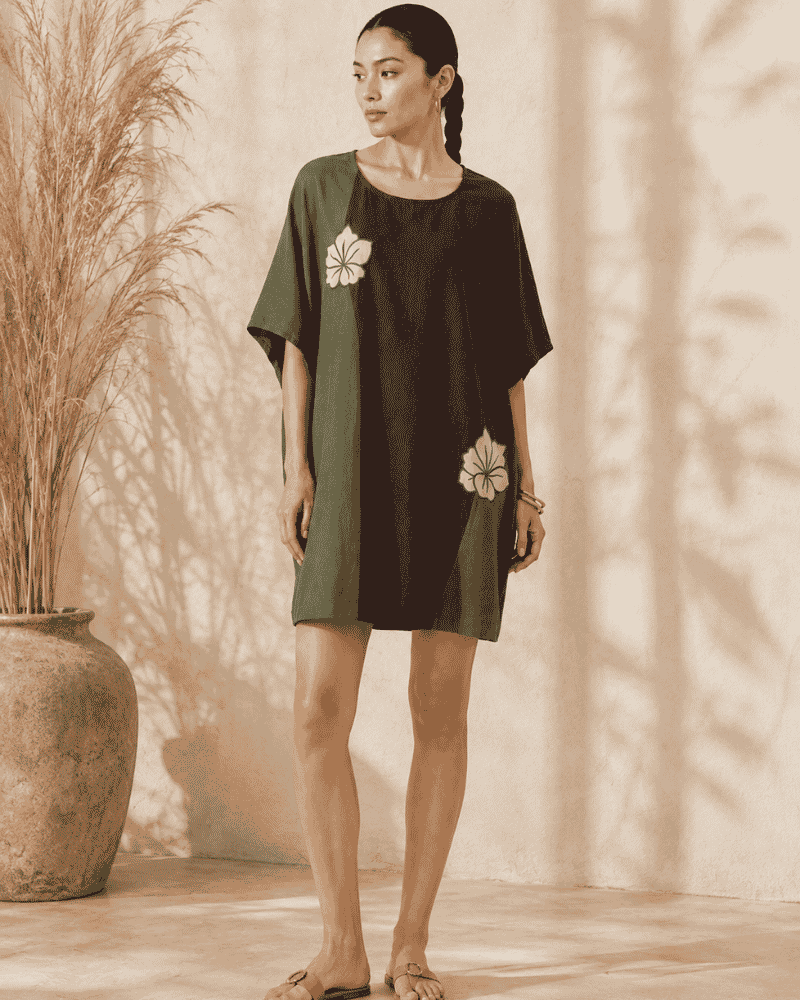 Front view of Vanya olive and brown tunic dress with floral embroidery