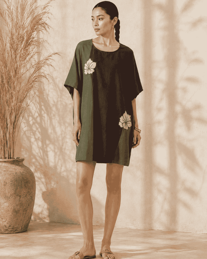 Front view of Vanya olive and brown tunic dress with floral embroidery