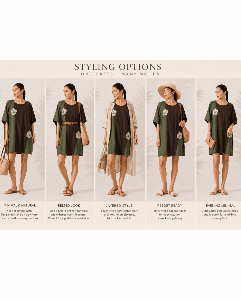 A styled catalog graphic showing six women modeling the same dark olive green dress in different outfit combinations and settings, STYLING OPTIONS ONE DRESS MANY MOODS.